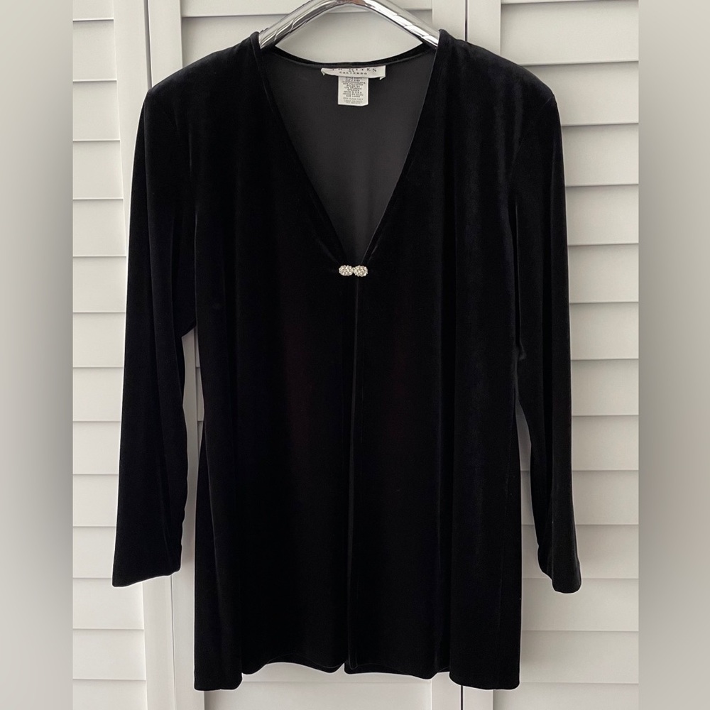 Vintage Black Velvet Jacket with Rhinestone Clasp - Large